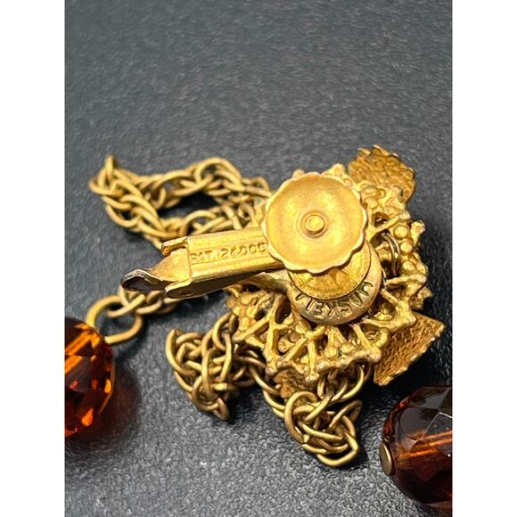 Miriam Haskell Vintage Signed Amber Crystal Floral Screw Back Chain Drop Earring - Picture 9 of 9